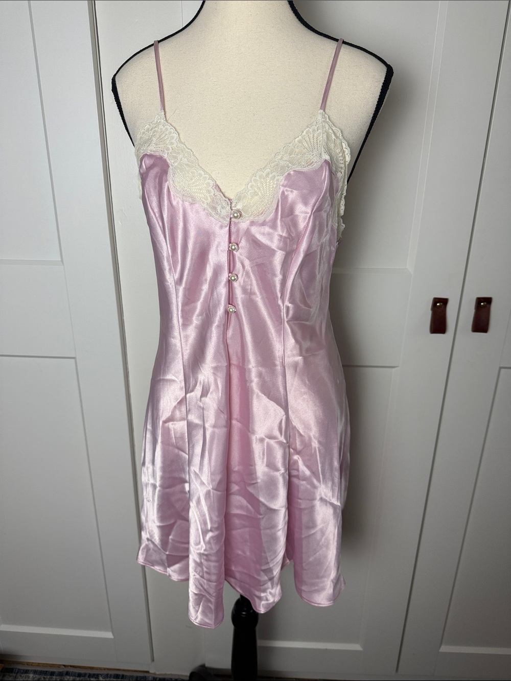 Vintage fairy core coquette girl pink pearl from chemise slip dress lace small